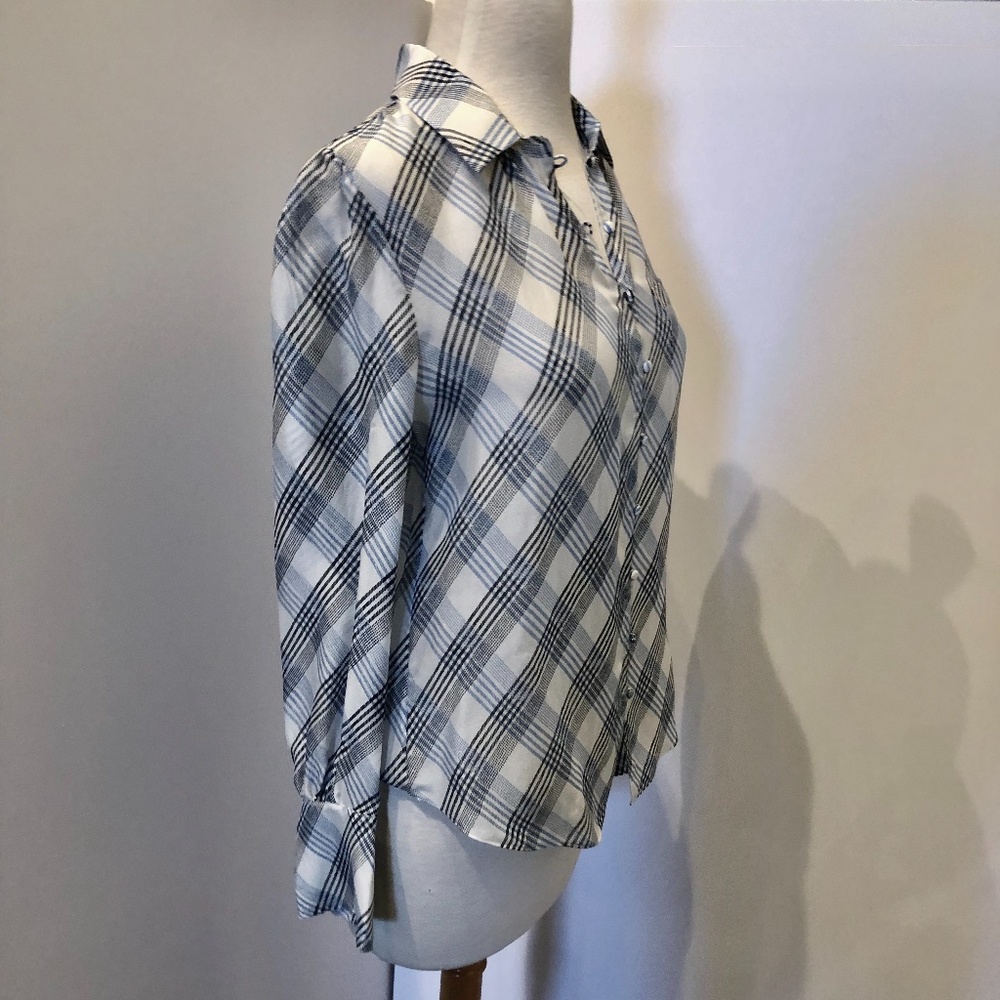 Joie Blue White Plaid Malcah Semi-sheer Silk Top - Picture 11 of 13